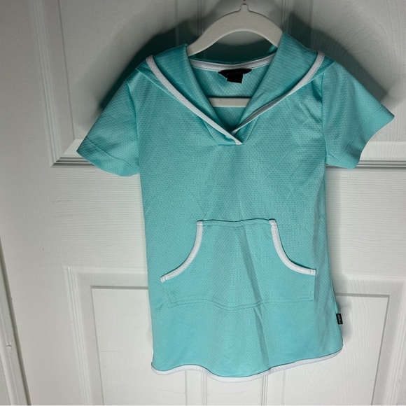 🍭Eddie Bower Aqua Short Sleeve Hoodie Dress with Front Pocket size 5 - Picture 1 of 5